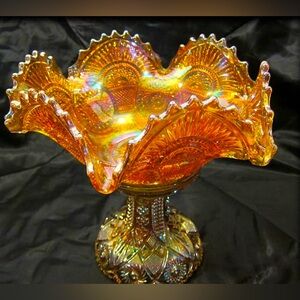 2 Piece Antique Imperial Twins 1909 Carnival Glass Marigold Punch Bowl and Stand